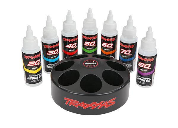 Shock oil set (includes 20 wt, 30 wt, 40 wt, 50 wt, 60 wt, 70 wt, &amp; 80 wt premium shock oils with spinning carousel rack) - Excel RC