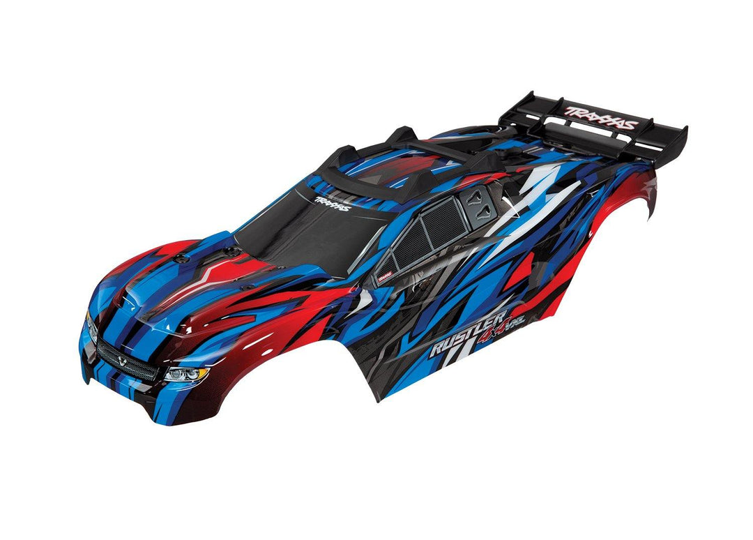 Body, Rustler® 4X4 VXL, blue/ window, grille, lights decal sheet (assembled with front &amp; rear body mounts and rear body support for clipless mounting) - Excel RC