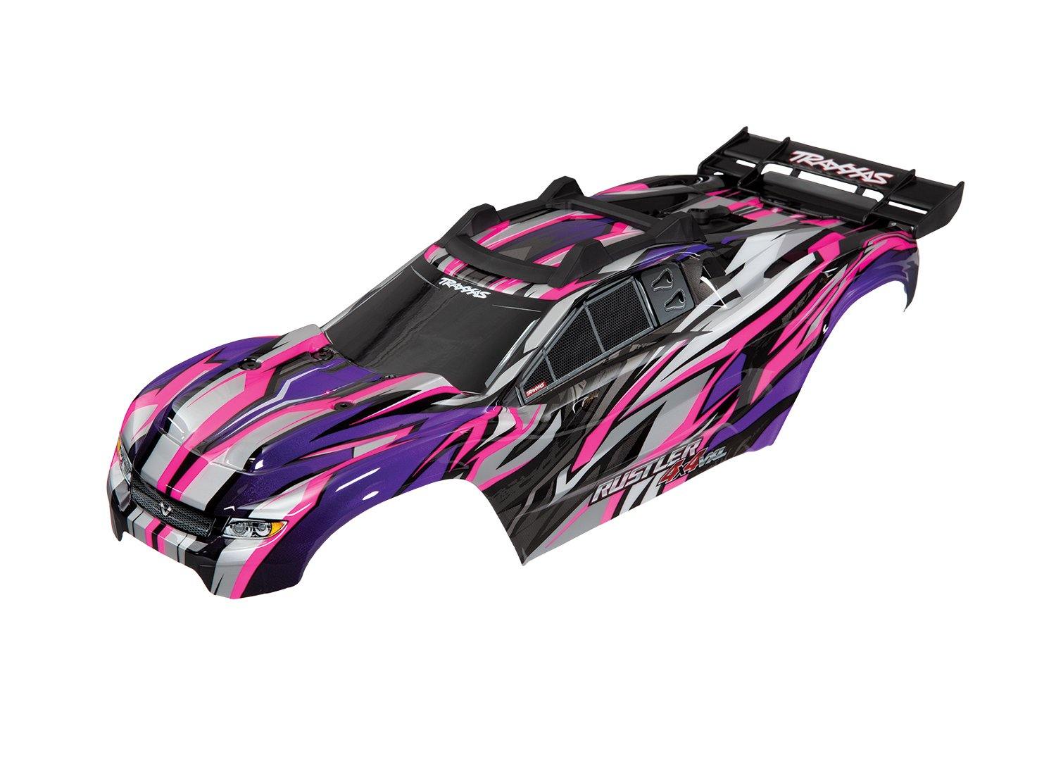 Body, Rustler® 4X4 VXL, pink/ window, grille, lights decal sheet (assembled with front & rear body mounts and rear body support for clipless mounting) - Excel RC