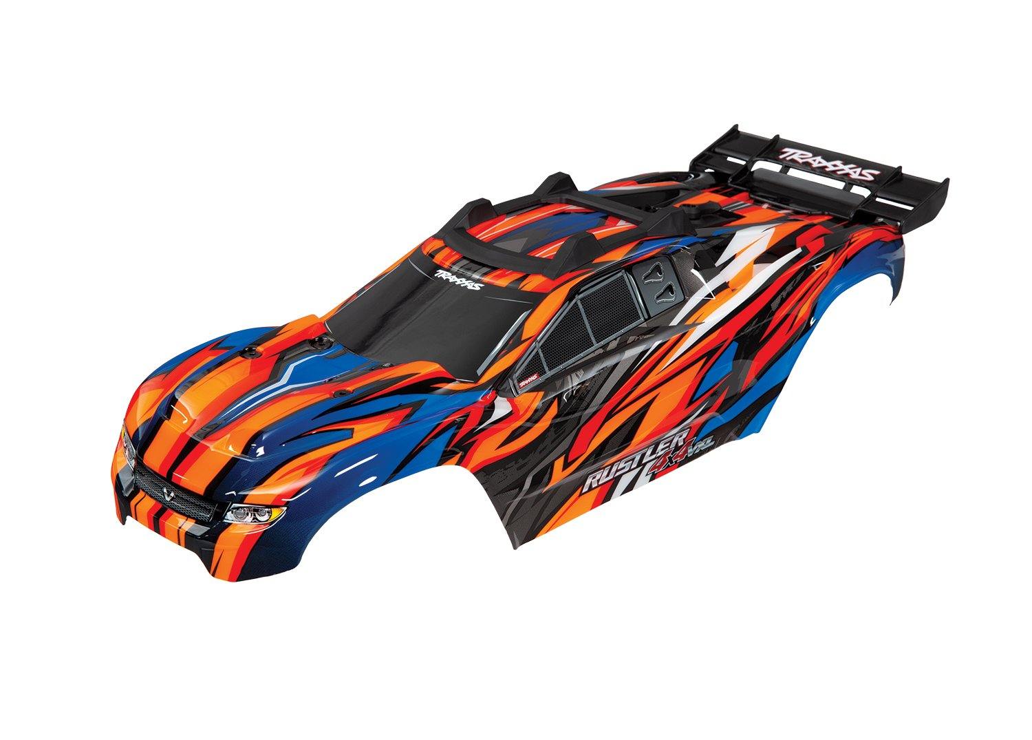 Body, Rustler® 4X4 VXL, orange/ window, grille, lights decal sheet (assembled with front & rear body mounts and rear body support for clipless mounting) - Excel RC