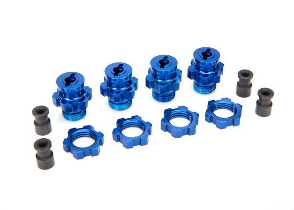 Traxxas 6856X Wheel hubs splined 17mm short (4) wheel nuts splined 17mm (4) (blue-anodized) hub retainer M4 X 0.7 (4) axle pin (4) wrench 5mm - Excel RC
