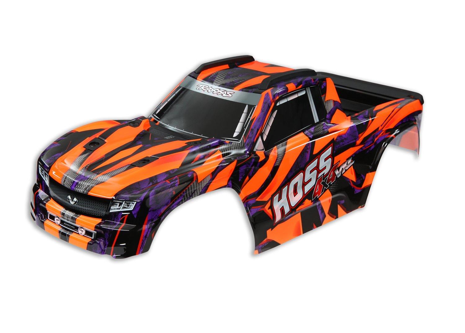 Body, Hoss™ 4X4 VXL, orange/ window, grille, lights decal sheet (assembled with front & rear body mounts and rear body support for clipless mounting) - Excel RC