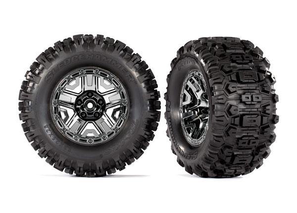 Tires & wheels, assembled, glued (black chrome 2.8' wheels, Sledgehammer™ tires, foam inserts) (2) (TSM® rated) - Excel RC