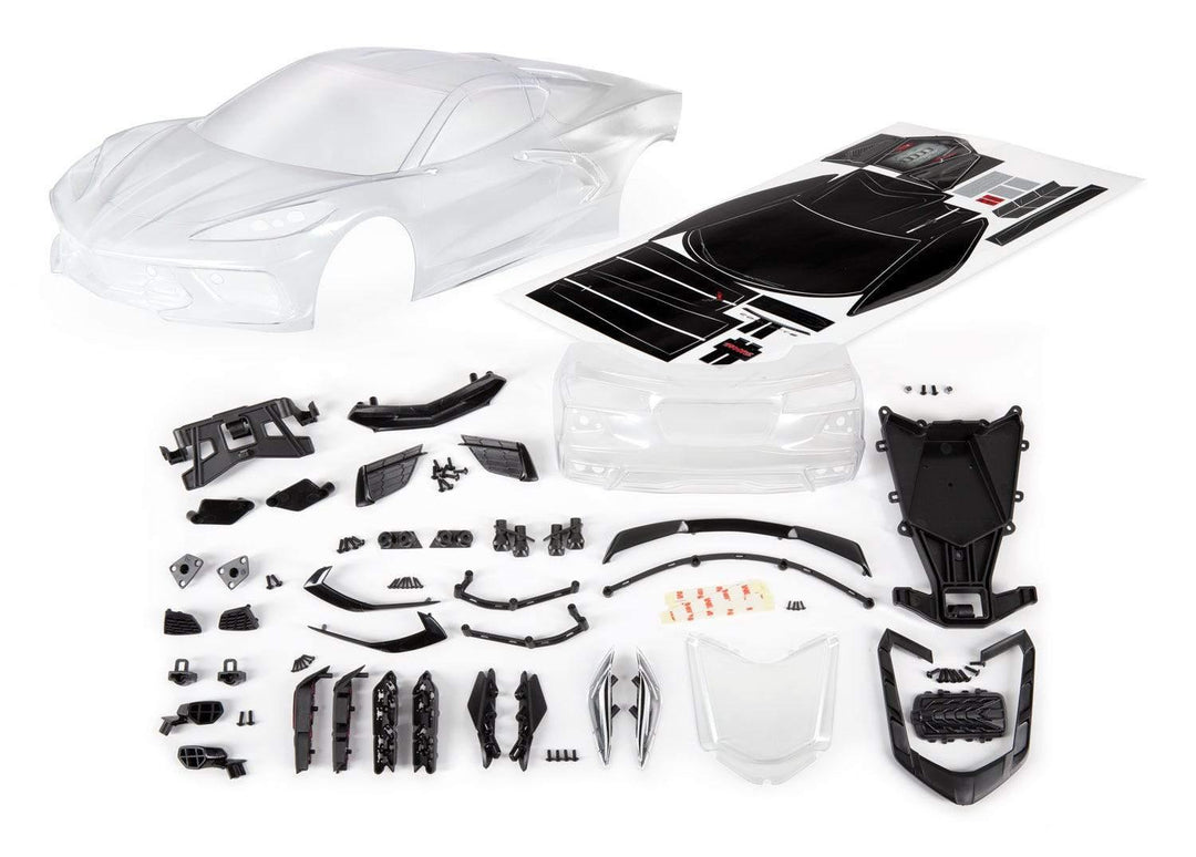 Traxxas 9311 Body, Chevrolet Corvette Stingray (clear, trimmed, requires painting)/ decal sheet (includes side mirrors, spoiler, grilles, vents, hardware, & clipless mounting) - Excel RC