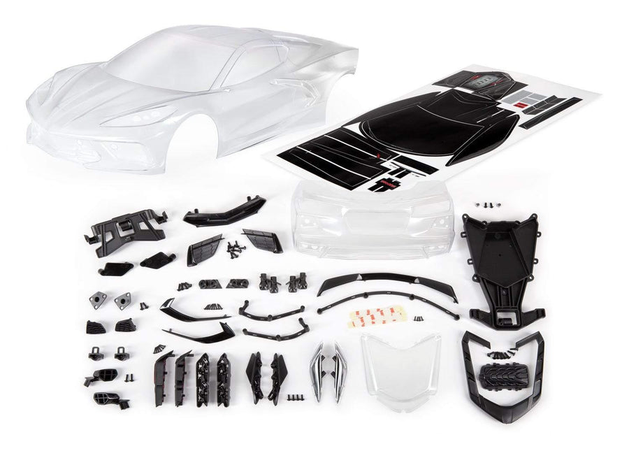 Traxxas 9311 Body, Chevrolet Corvette Stingray (clear, trimmed, requires painting)/ decal sheet (includes side mirrors, spoiler, grilles, vents, hardware, & clipless mounting) - Excel RC