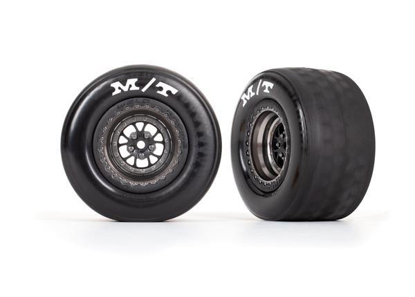 Traxxas 9475A Tires &amp; Wheels, Assembled, Glued (Weld Satin Black Chrome Wheels, Tires, Foam Inserts) (Rear) (2) - Excel RC