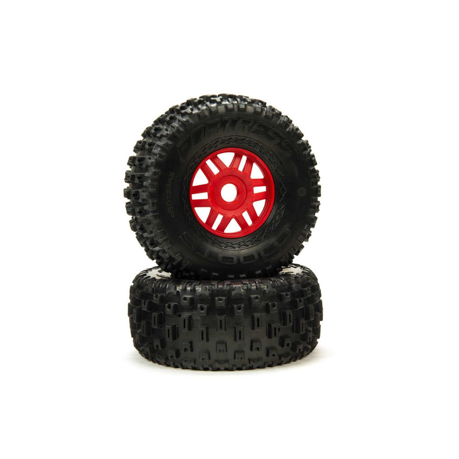 Arrma ARA550065 1/8 dBoots Fortress Front/Rear 2.4/3.3 Pre-Mounted Tires, 17mm Hex, Red (2) - Excel RC