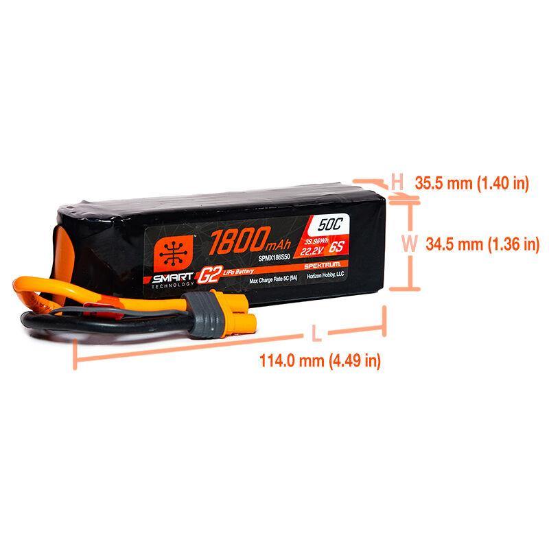 Spektrum 1800mAh 6S 22.2V Smart G2 LiPo 50C IC3 SPMX186S50 - Excel RC