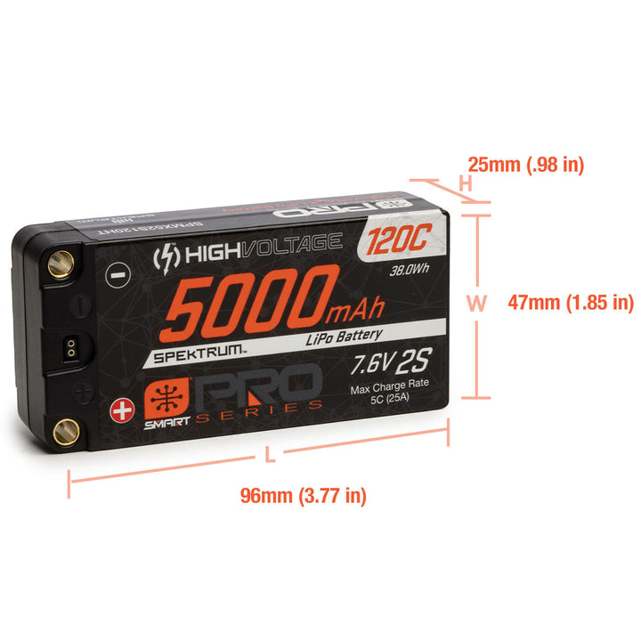 Spektrum 5000mAh 2S 7.6V Smart Pro Race HV Shorty LiPo 120C: 5mm SPMX52S120HT
