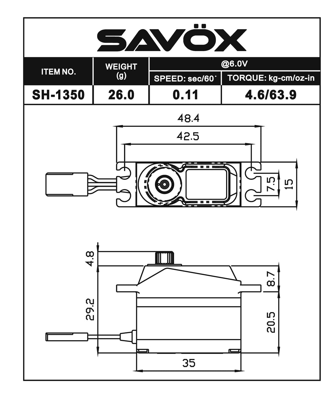 Savox MINI SIZE CORELESS DIGITAL SERVO .11/63 SAVSH1350