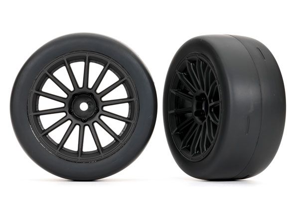 Traxxas Tires and Wheels, Assembled, Glued (Multi-spoke Black Wheels, 2.0" Ultra-wide Slick Tires with Foam Inserts) For Front Qty 2
