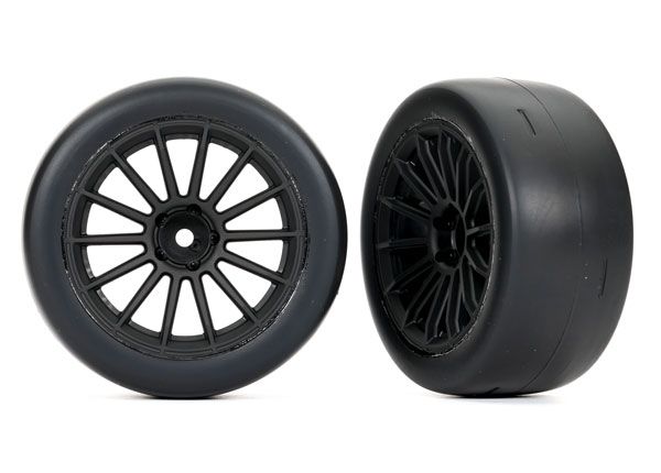 Traxxas Tires and Wheels, Assembled, Glued (Multi-spoke Black Wheels, 2.0" Ultra-wide Slick Tires with Foam Inserts) For Rear Qty 2