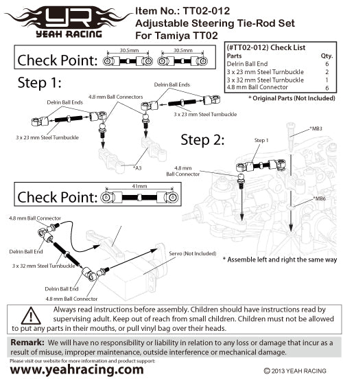 Yeah Racing Adjustable Steering Tie-Rod Set For Tamiya TT02 TT02-012
